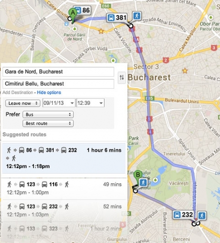 Informatii despre traseele mijloacelor de transport public pe Google Maps